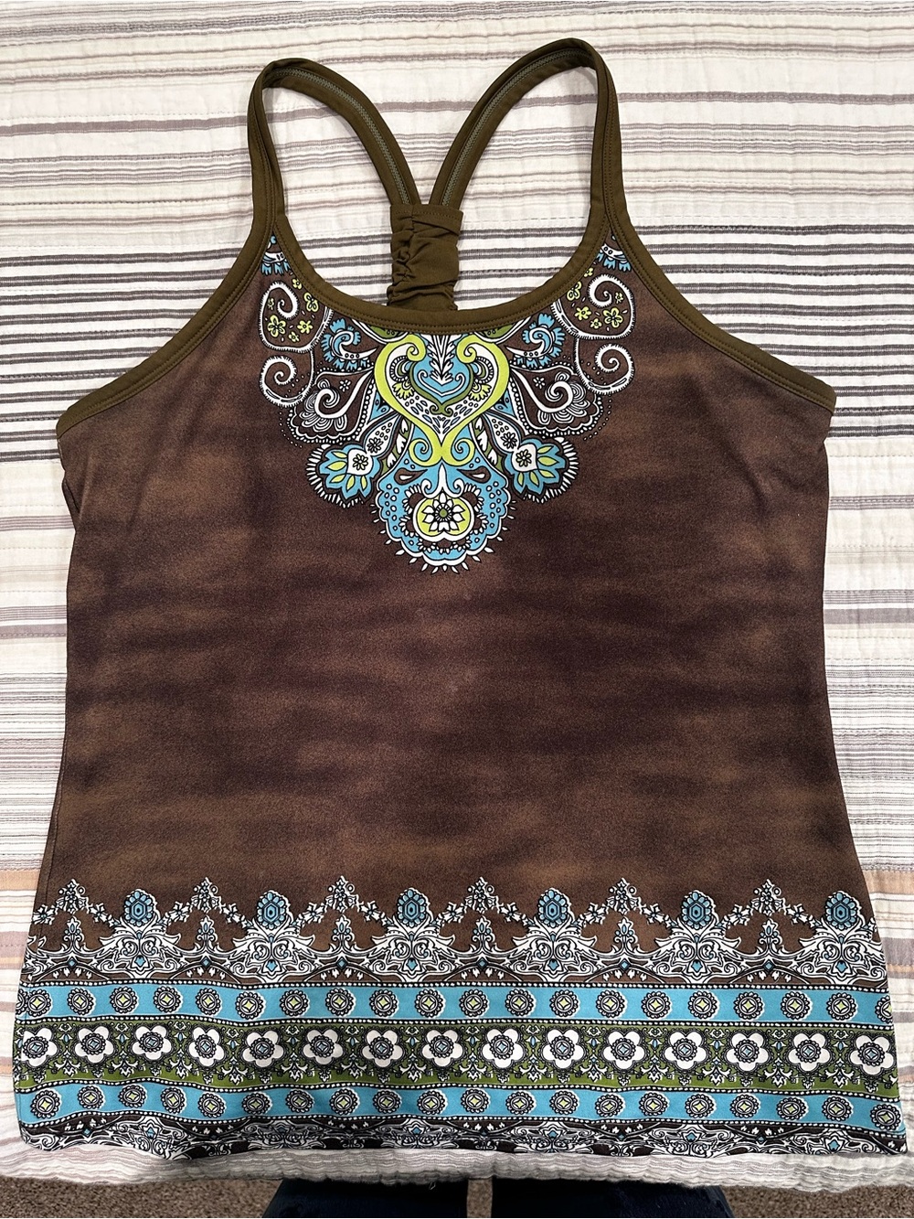 Athleta Brown Tank Top with Turquoise and Lime Paisley Accent